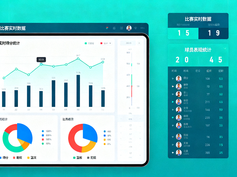 体育数据分析界面，屏幕上显示比赛统计图表与数据面板